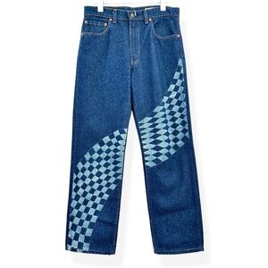 Vintage 1980s Levi's Upcycled 505 Dark Wash Blue Checkered Relaxed Fit Jeans